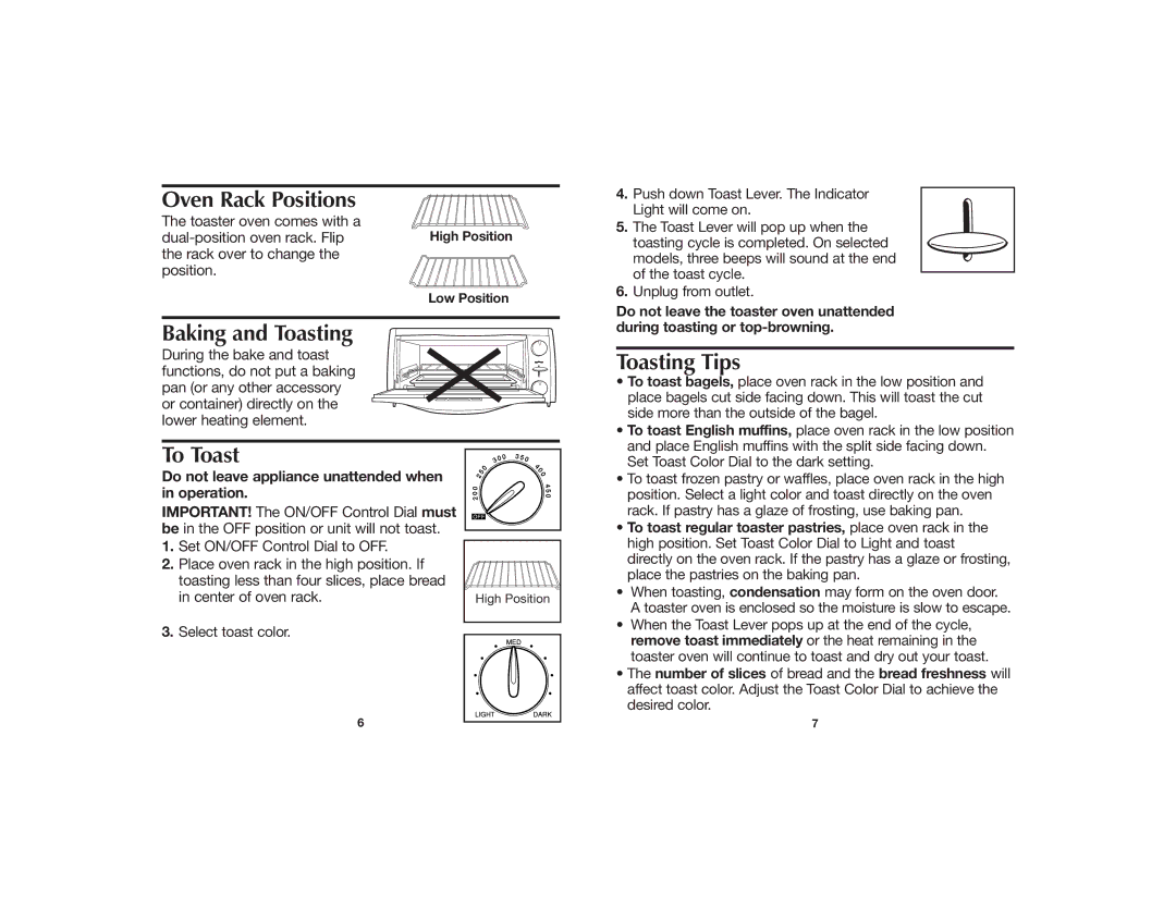 Hamilton Beach 840073100 manual Oven Rack Positions, Baking and Toasting, To Toast, Toasting Tips 