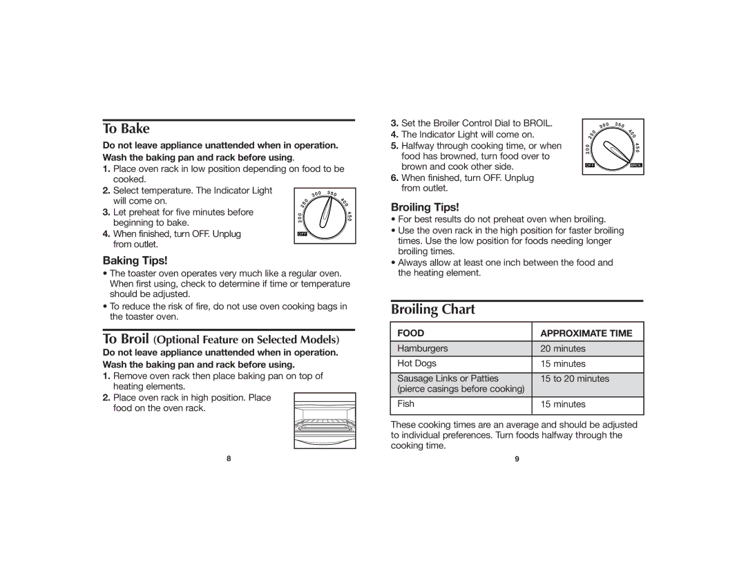 Hamilton Beach 840073100 manual To Bake, Broiling Chart, Baking Tips, Broiling Tips 