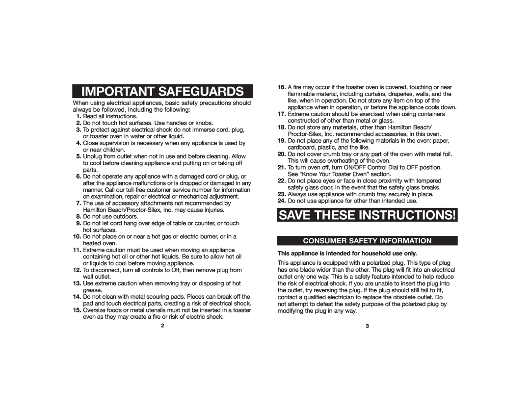 Hamilton Beach 840073100 manual Important Safeguards, Save These Instructions, Consumer Safety Information 