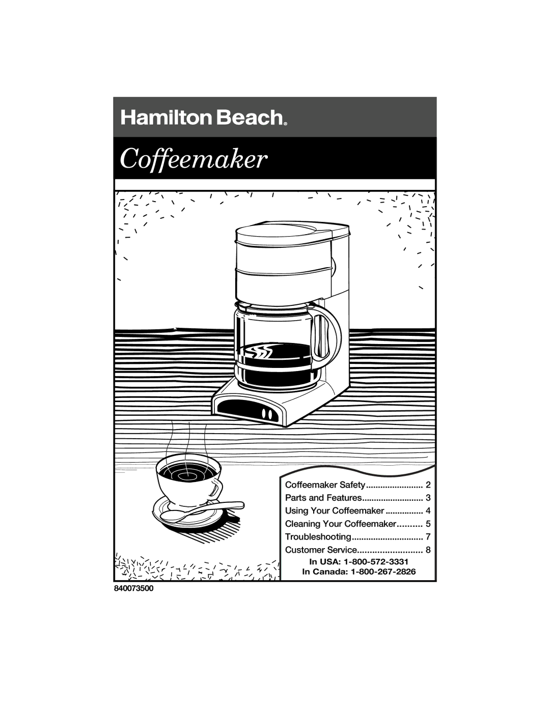 Hamilton Beach 840073500 manual Coffeemaker 