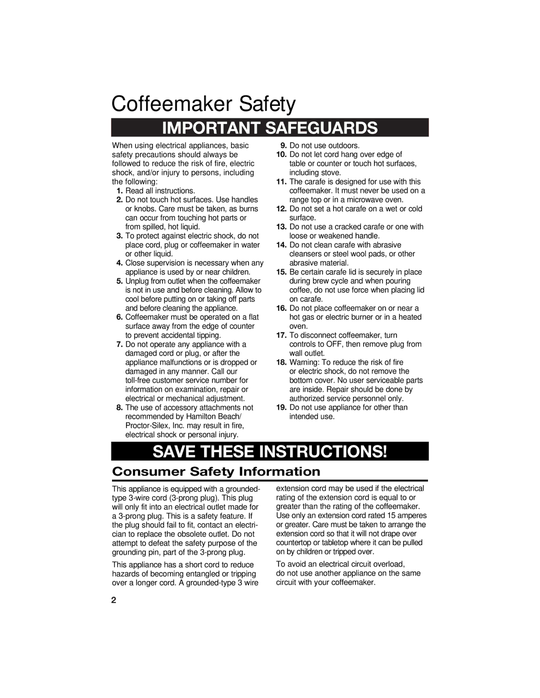 Hamilton Beach 840073500 manual Coffeemaker Safety, Consumer Safety Information 