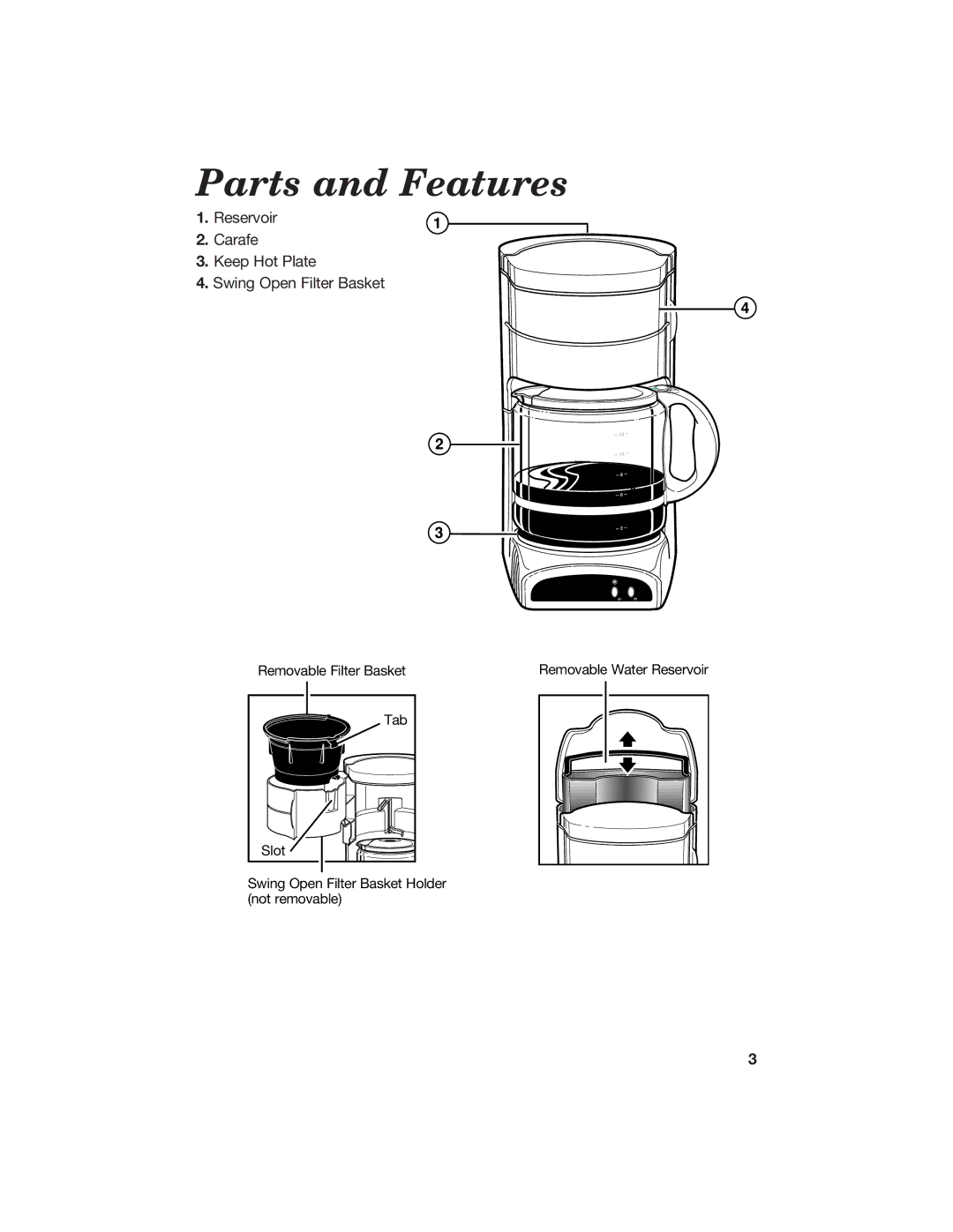 Hamilton Beach 840073500 manual Parts and Features, Reservoir Carafe Keep Hot Plate Swing Open Filter Basket 