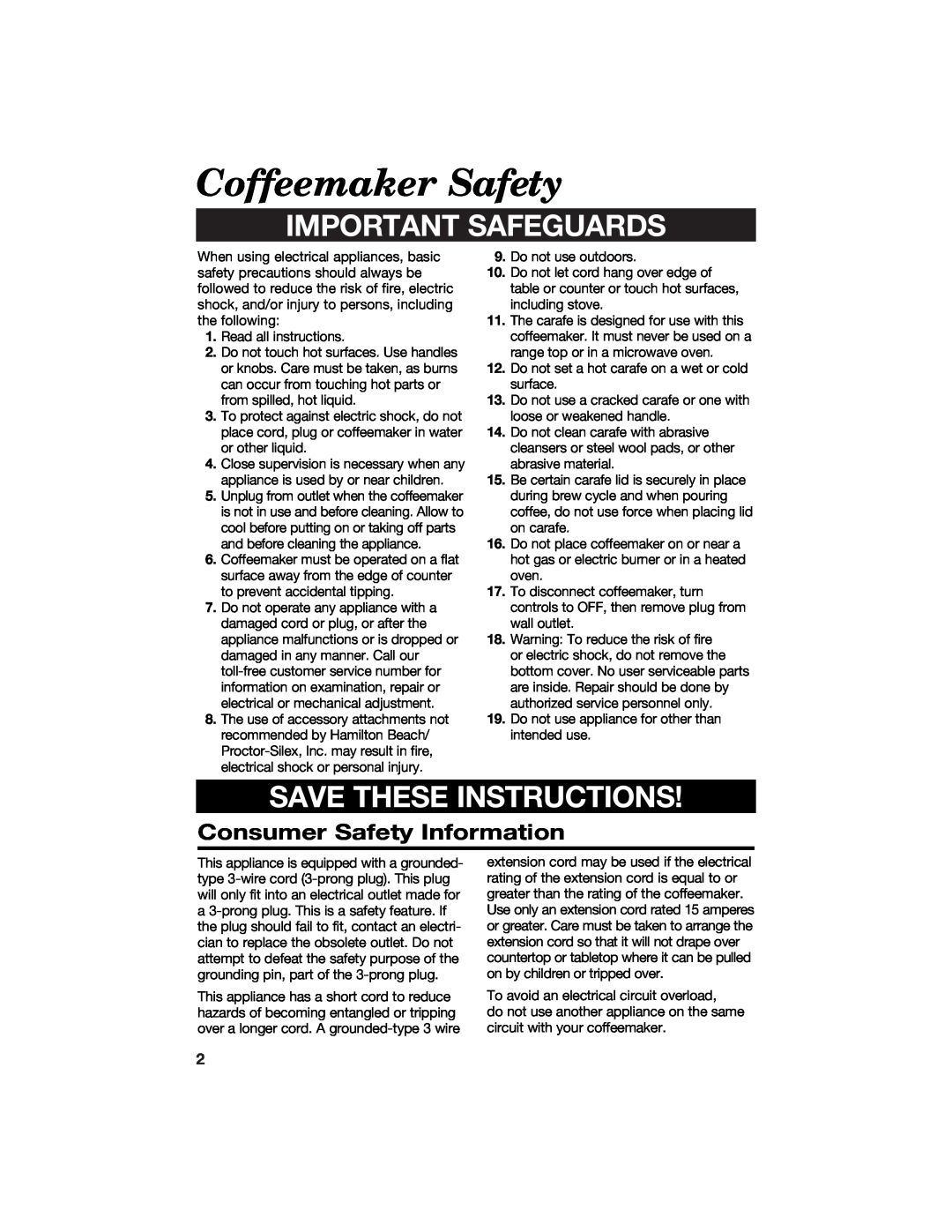 Hamilton Beach 840073500 Coffeemaker Safety, Consumer Safety Information, Important Safeguards, Save These Instructions 