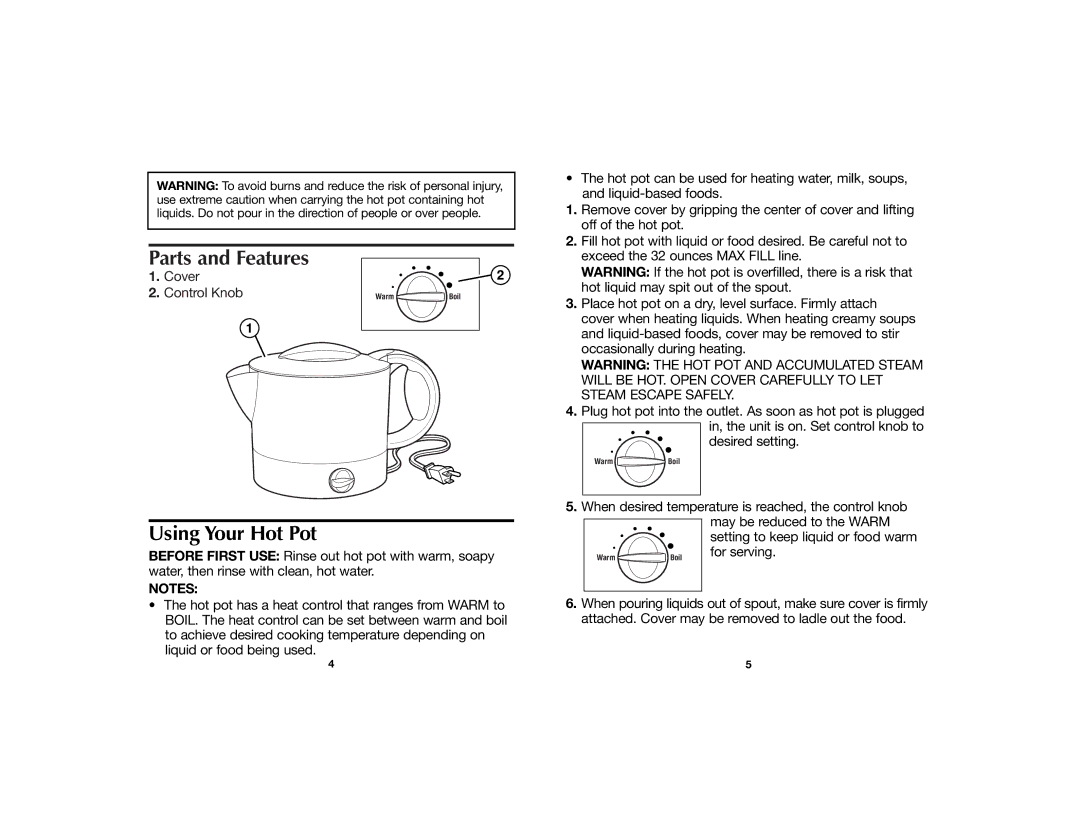 Hamilton Beach 840074300 manual Parts and Features, Using Your Hot Pot, Setting to keep liquid or food warm, For serving 