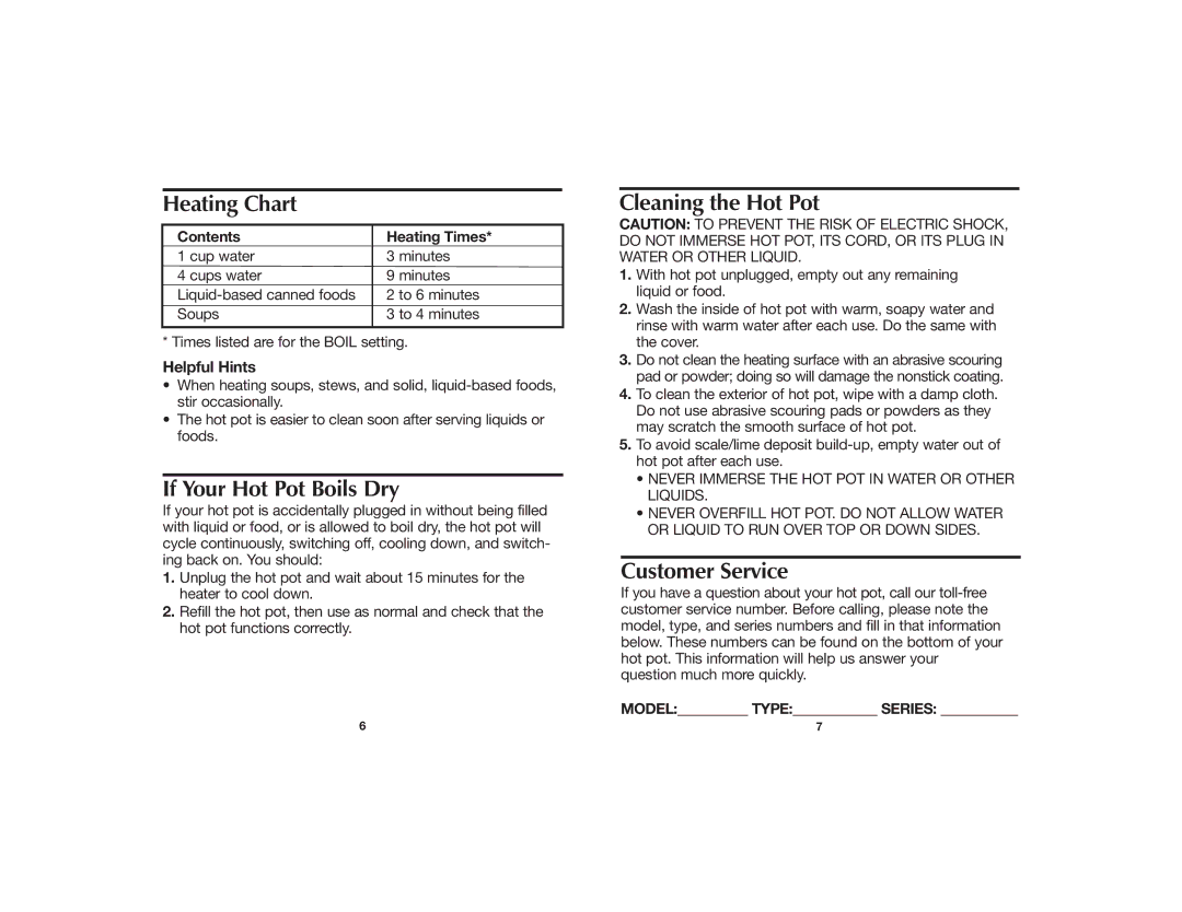 Hamilton Beach 840074300 manual Heating Chart, If Your Hot Pot Boils Dry, Cleaning the Hot Pot, Customer Service 