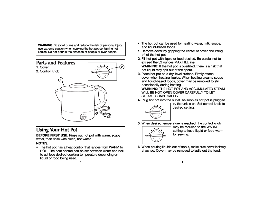 Hamilton Beach 840074300 manual Parts and Features, Using Your Hot Pot, setting to keep liquid or food warm, for serving 