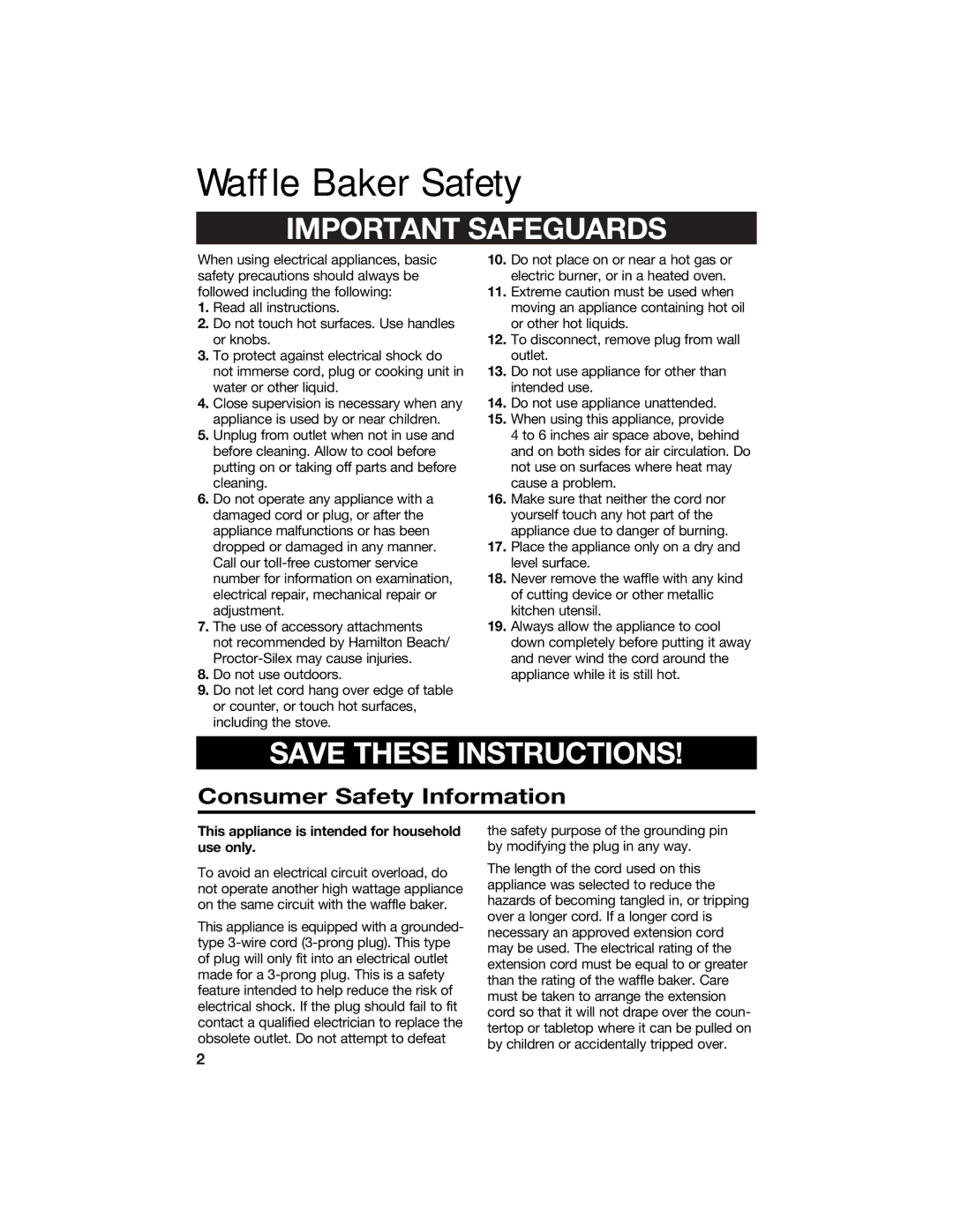 Hamilton Beach 840074500 manual Waffle Baker Safety, Consumer Safety Information 