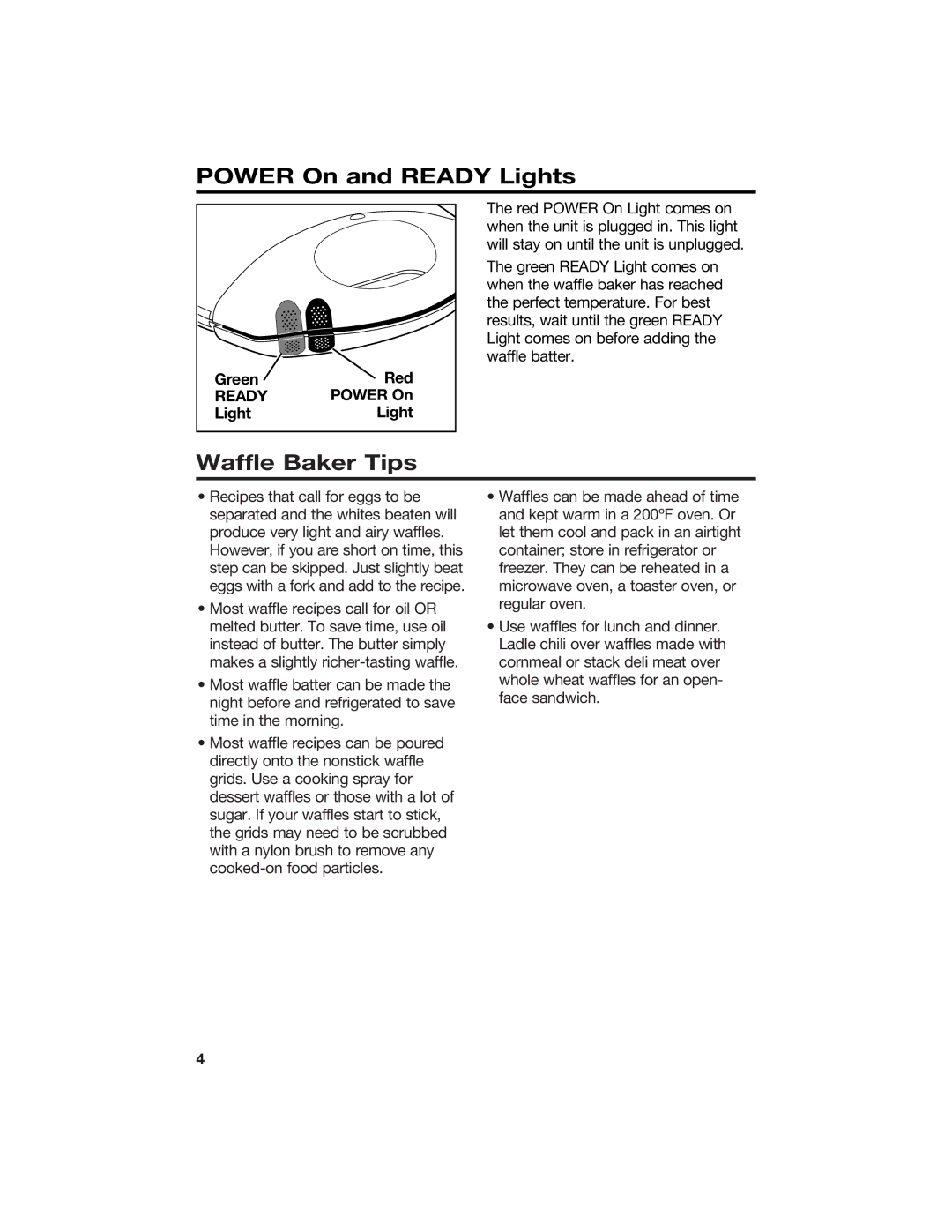 Hamilton Beach 840074500 manual Power On and Ready Lights, Waffle Baker Tips 