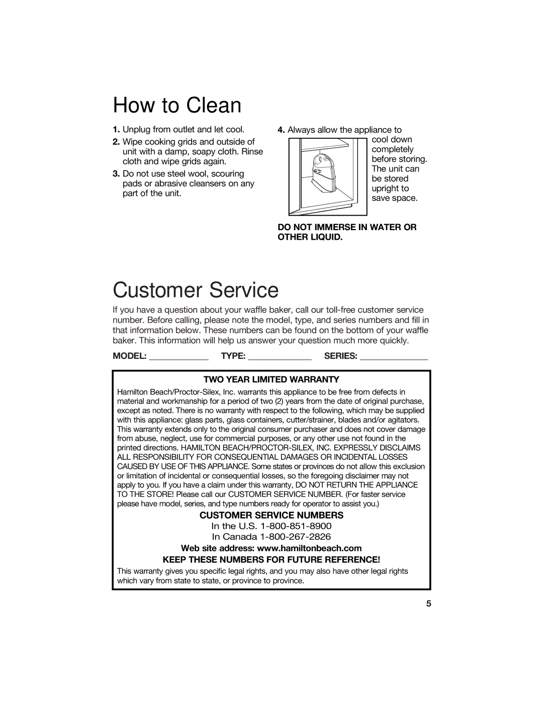 Hamilton Beach 840074500 manual How to Clean, Customer Service, Do not Immerse in Water or Other Liquid 