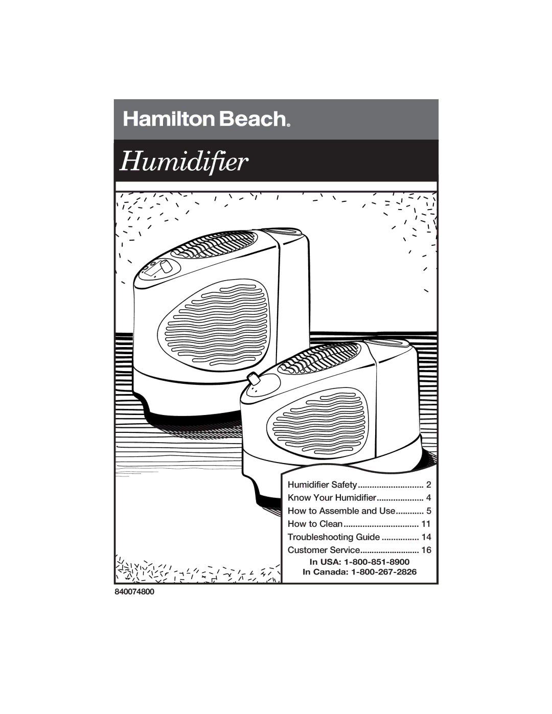 Hamilton Beach 840074800 manual Humidifier 