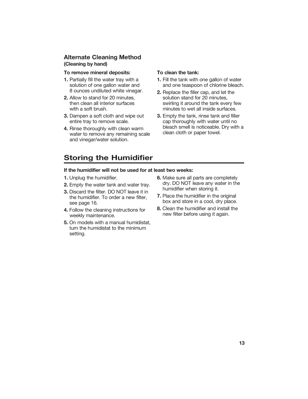 Hamilton Beach 840074800 manual Storing the Humidifier, Cleaning by hand To remove mineral deposits, To clean the tank 