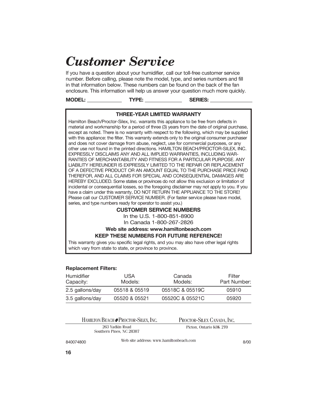 Hamilton Beach 840074800 manual Customer Service, Model Type Series, Replacement Filters 