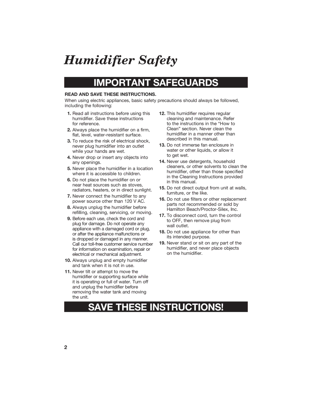 Hamilton Beach 840074800 manual Humidifier Safety, Important Safeguards 