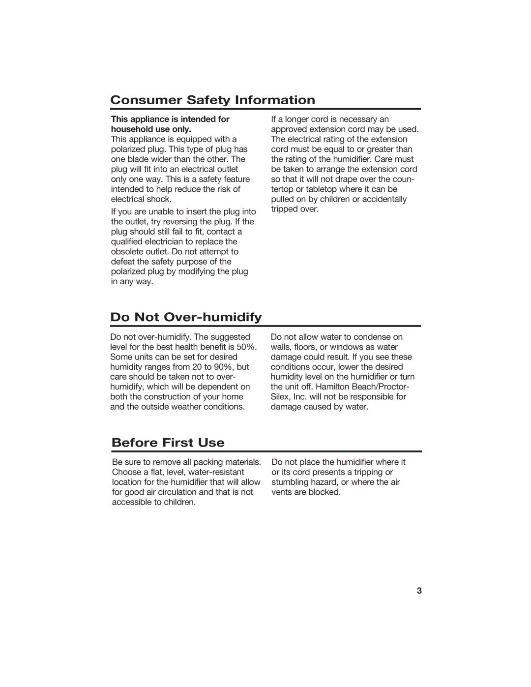 Hamilton Beach 840074800 manual Consumer Safety Information, Do Not Over-humidify, Before First Use 