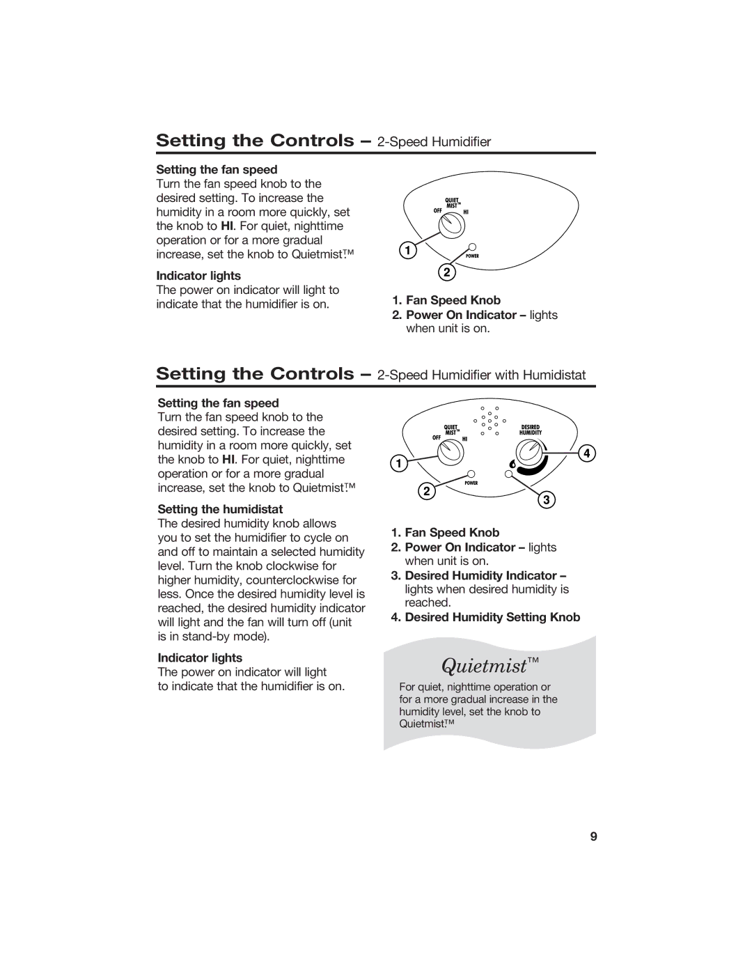 Hamilton Beach 840074800 manual Setting the Controls 2-Speed Humidifier, Setting the fan speed, Indicator lights 
