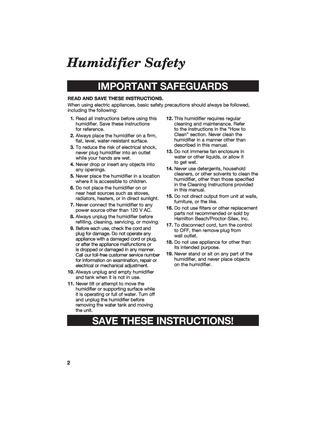 Hamilton Beach 840074800 manual Humidifier Safety, Important Safeguards, Save These Instructions 