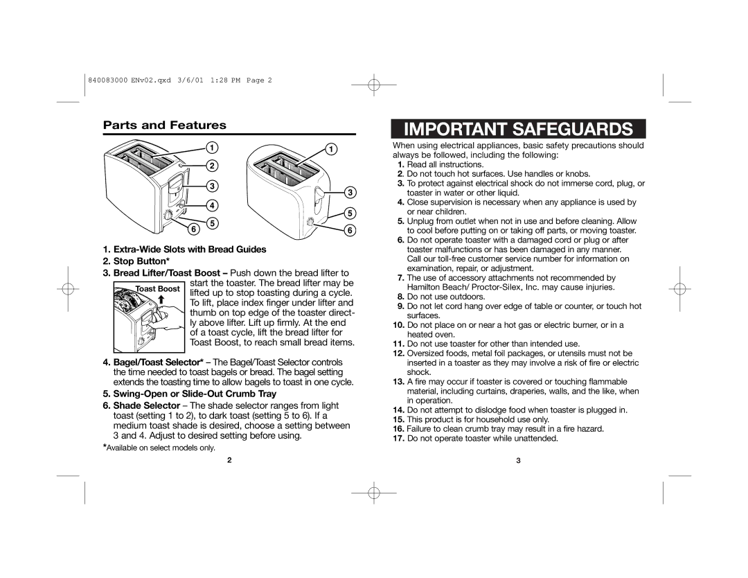 Hamilton Beach 840083000 manual Parts and Features, Extra-Wide Slots with Bread Guides Stop Button 