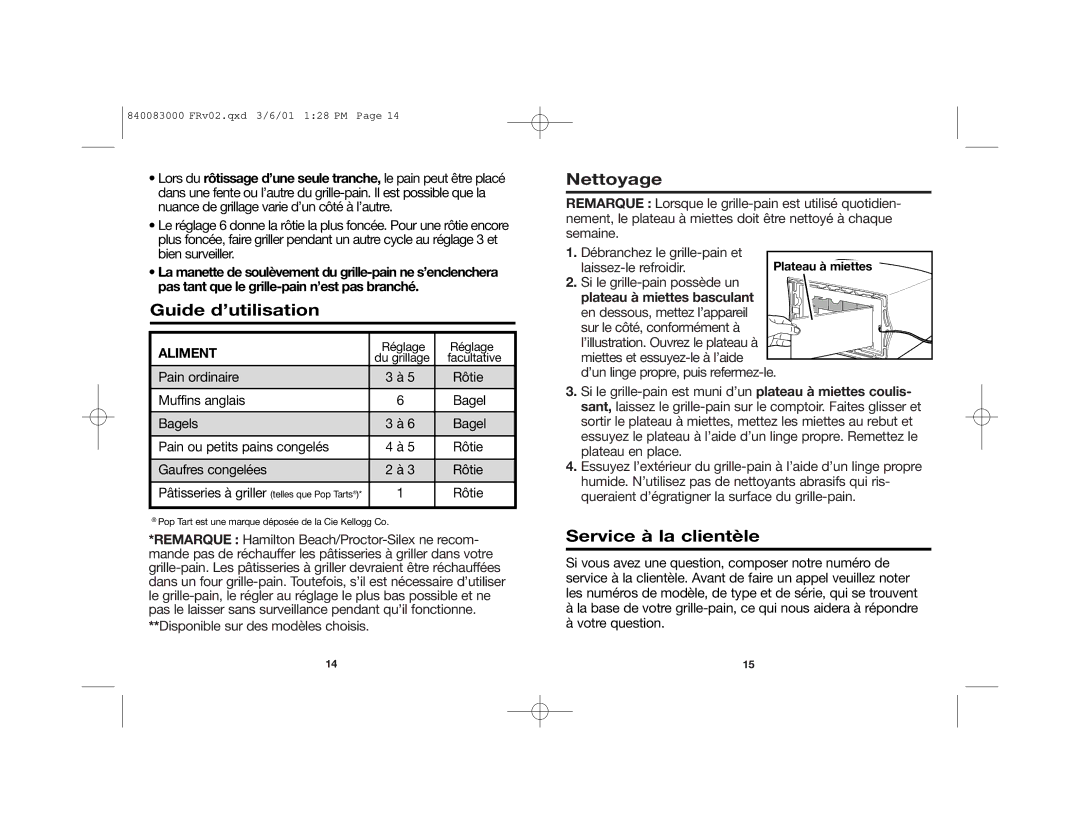 Hamilton Beach 840083000 manual Guide d’utilisation, Nettoyage, Service à la clientèle, Plateau à miettes basculant 