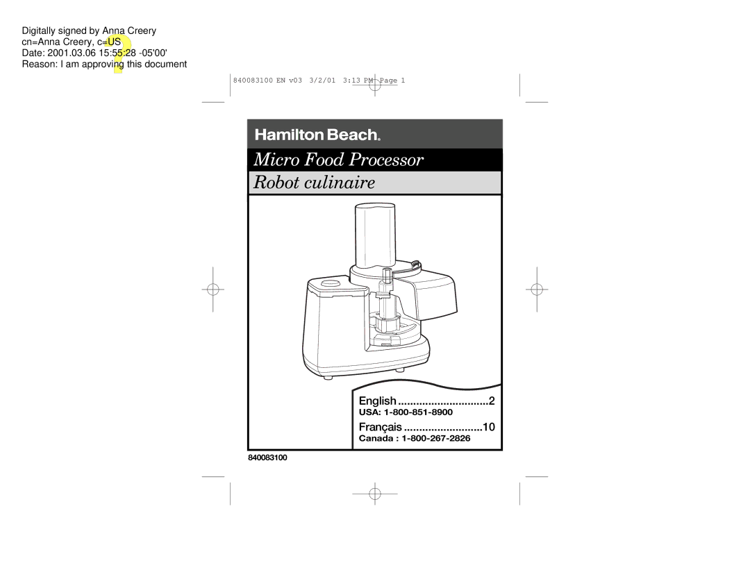 Hamilton Beach 840083100 manual Usa, Canada 