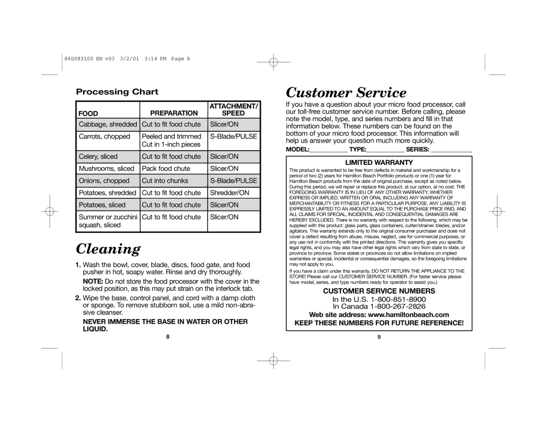 Hamilton Beach 840083100 manual Cleaning, Customer Service, Processing Chart 