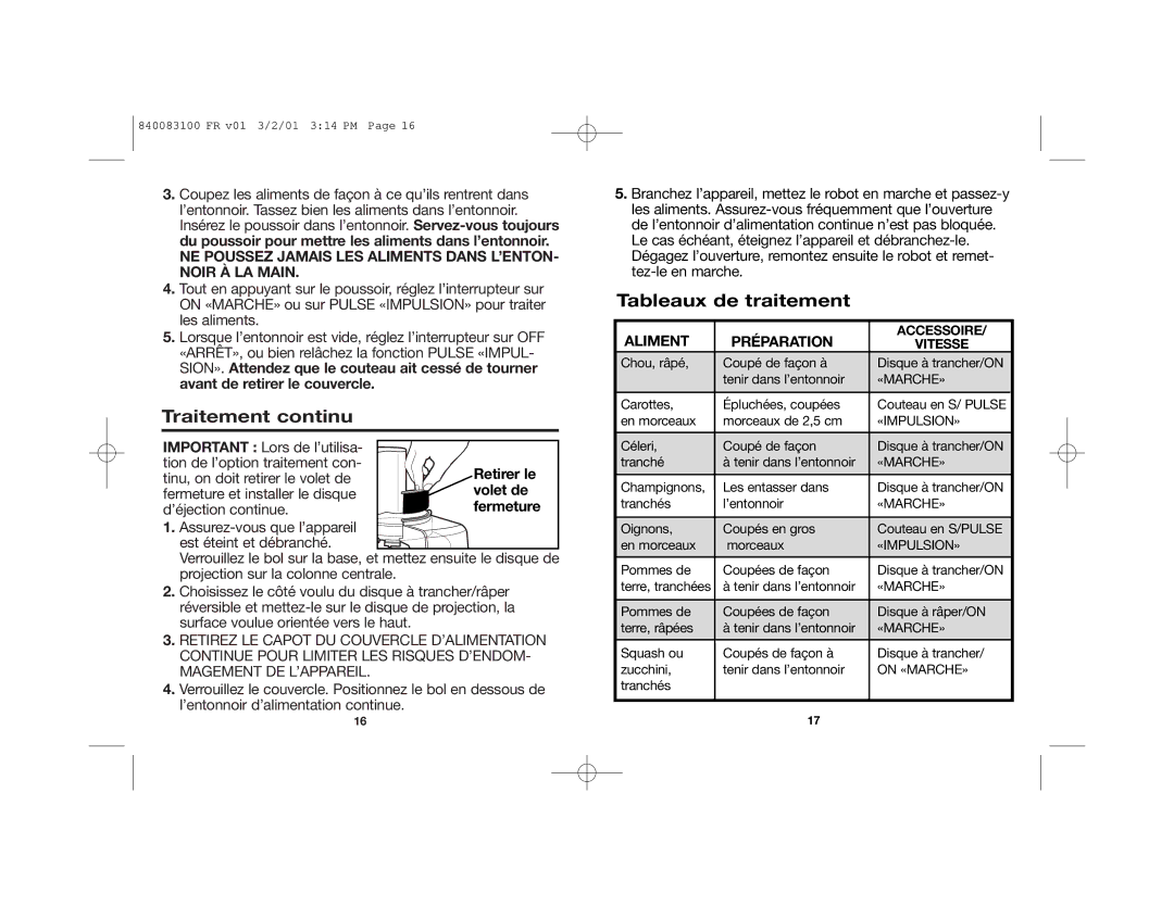 Hamilton Beach 840083100 manual Traitement continu, Tableaux de traitement, Retirer le, Volet de 