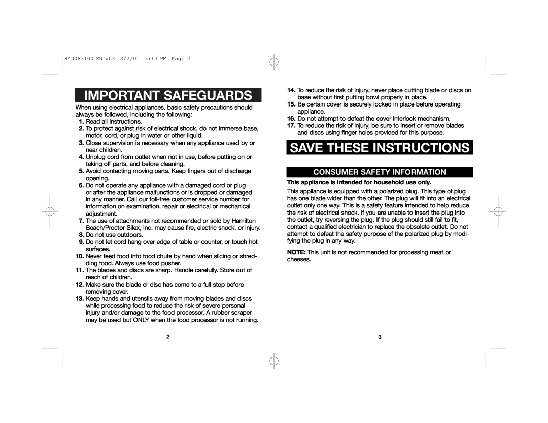 Hamilton Beach 840083100 manual Important Safeguards, Save These Instructions, Consumer Safety Information 