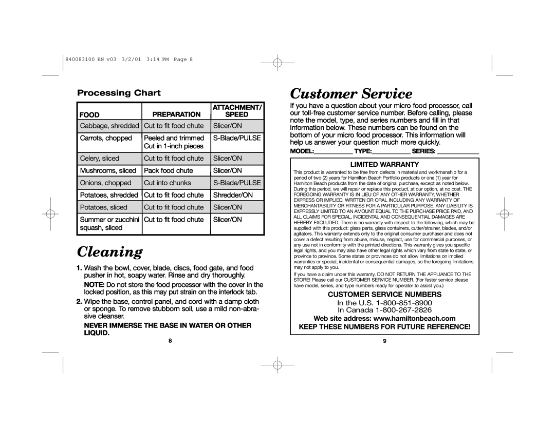 Hamilton Beach 840083100 manual Cleaning, Processing Chart, In the U.S. In Canada, Customer Service Numbers 