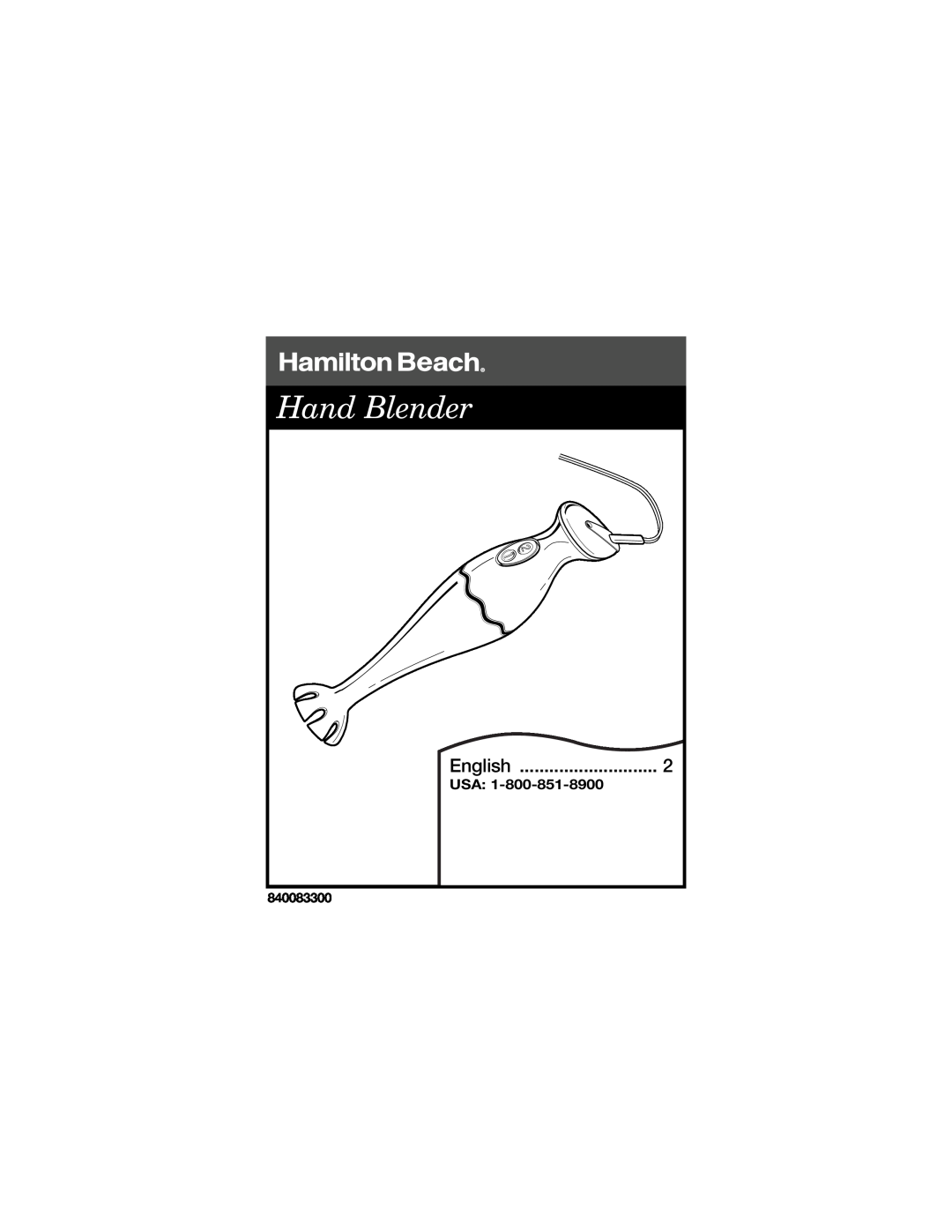 Hamilton Beach 840083300 manual Hand Blender, English, Usa 