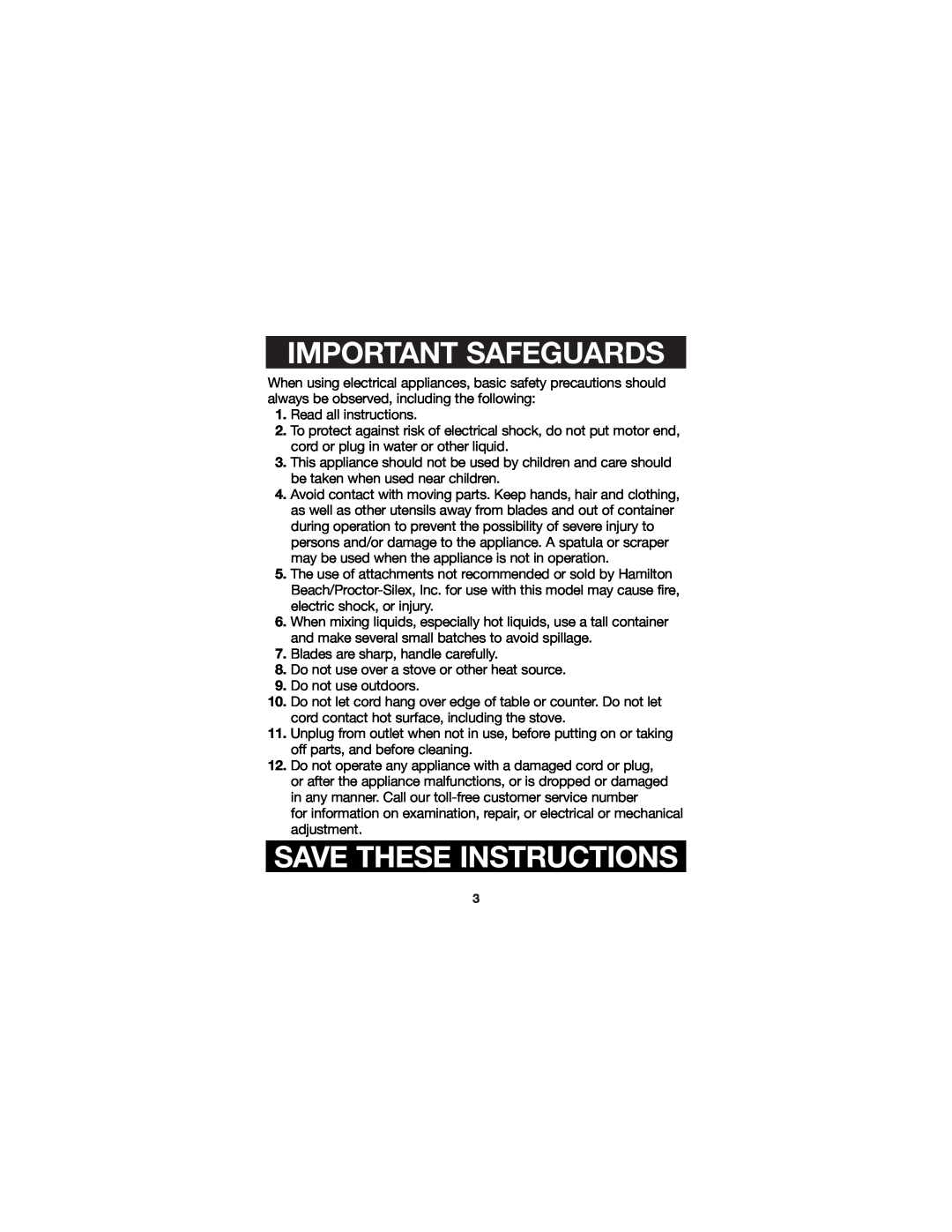 Hamilton Beach 840083300 manual Important Safeguards, Save These Instructions 