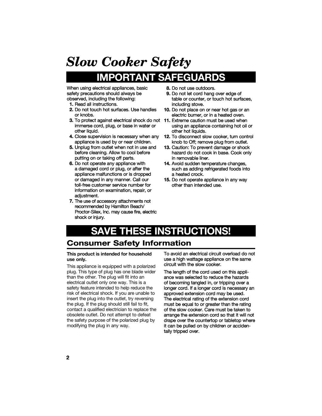 Hamilton Beach 840084500 Slow Cooker Safety, Consumer Safety Information, Important Safeguards, Save These Instructions 