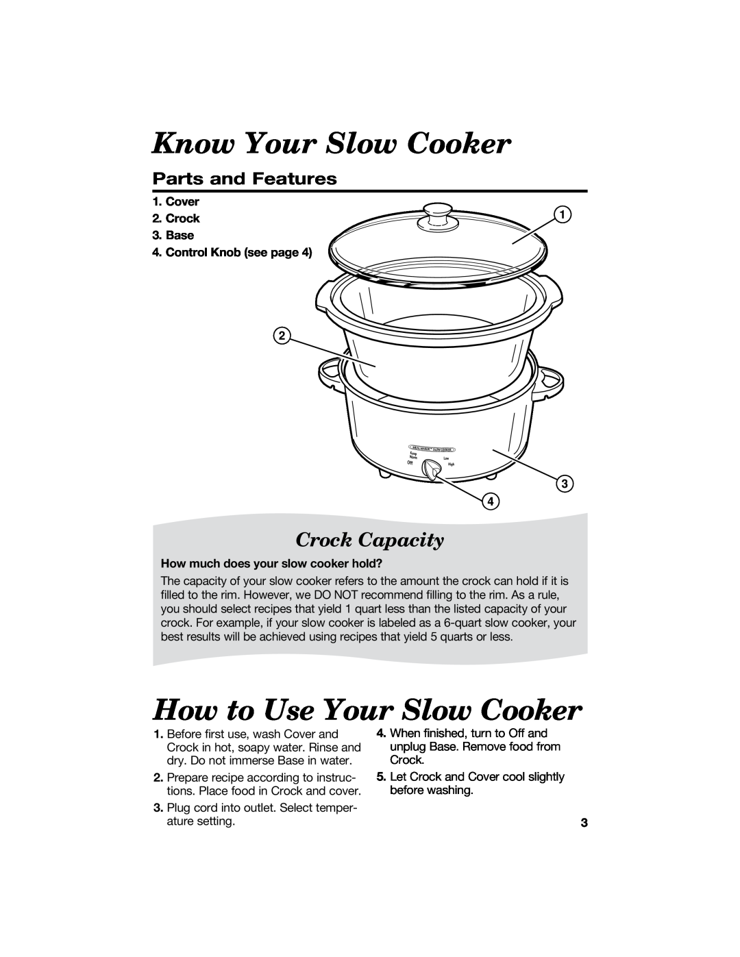 Hamilton Beach 840084500 manual Know Your Slow Cooker, How to Use Your Slow Cooker, Parts and Features, Crock Capacity 