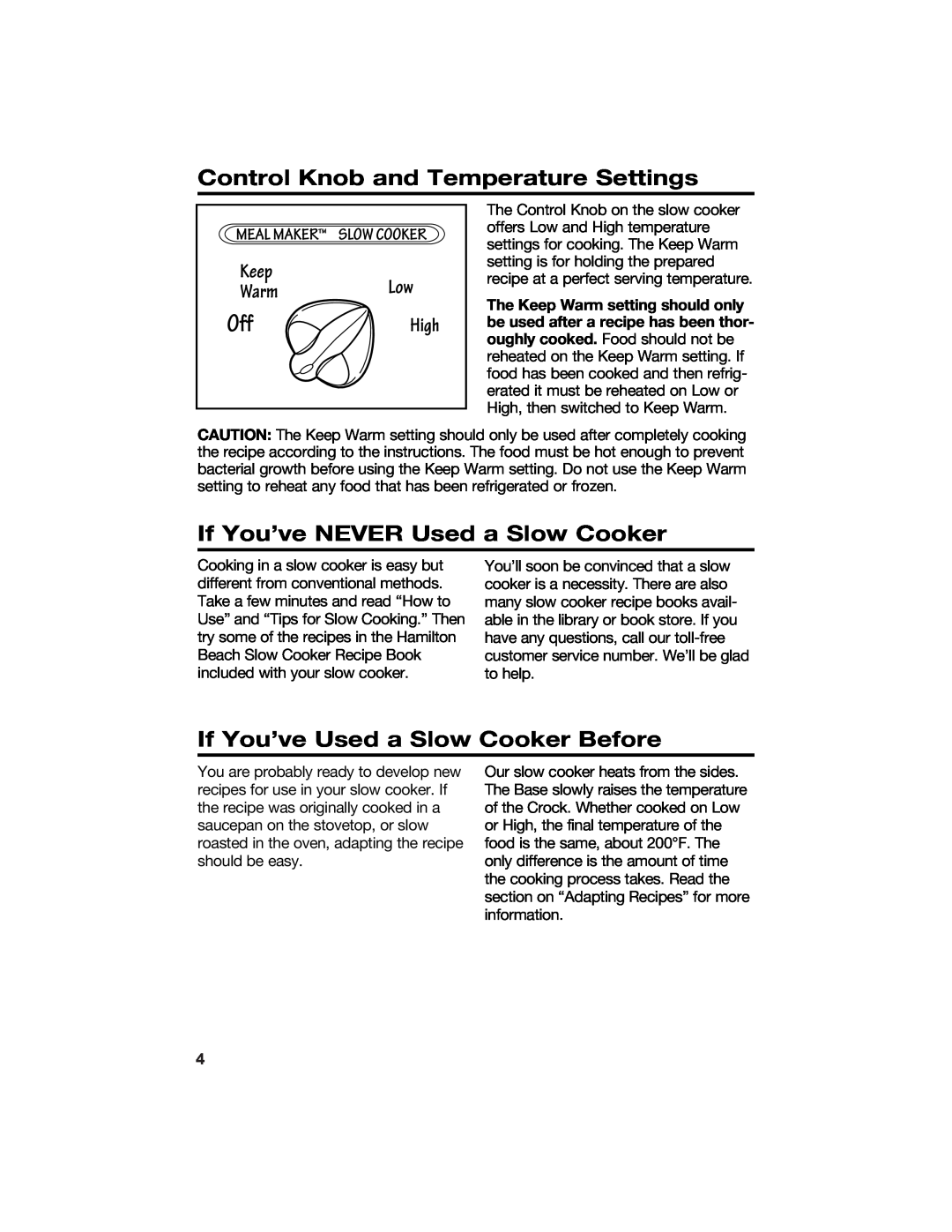 Hamilton Beach 840084500 manual Control Knob and Temperature Settings, If You’ve NEVER Used a Slow Cooker 
