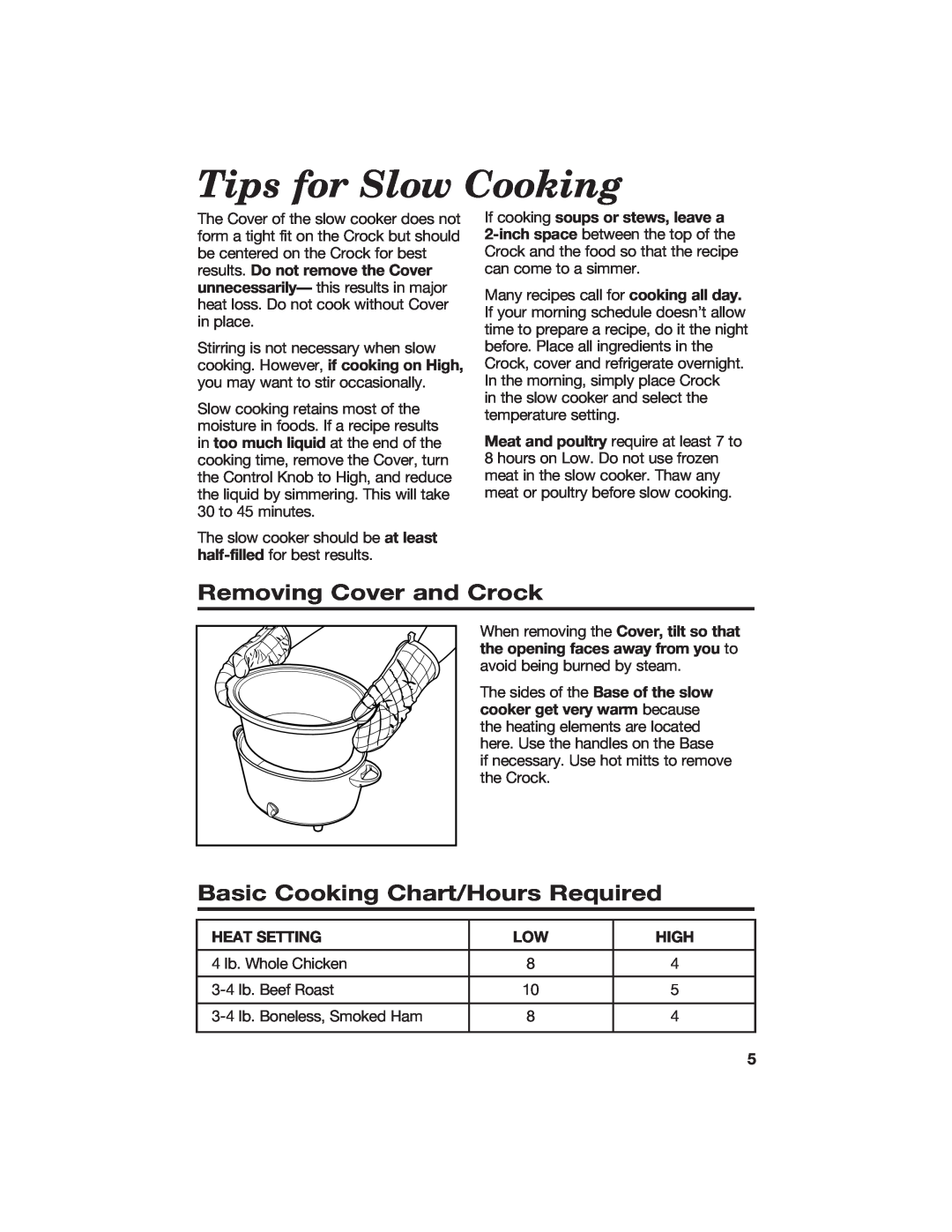 Hamilton Beach 840084500 Tips for Slow Cooking, Removing Cover and Crock, Basic Cooking Chart/Hours Required, Heat Setting 