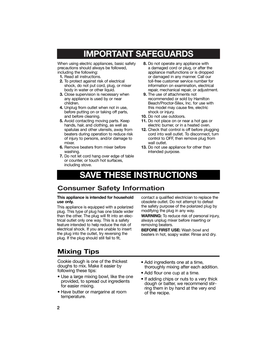 Hamilton Beach 840086200 manual Consumer Safety Information, Mixing Tips 