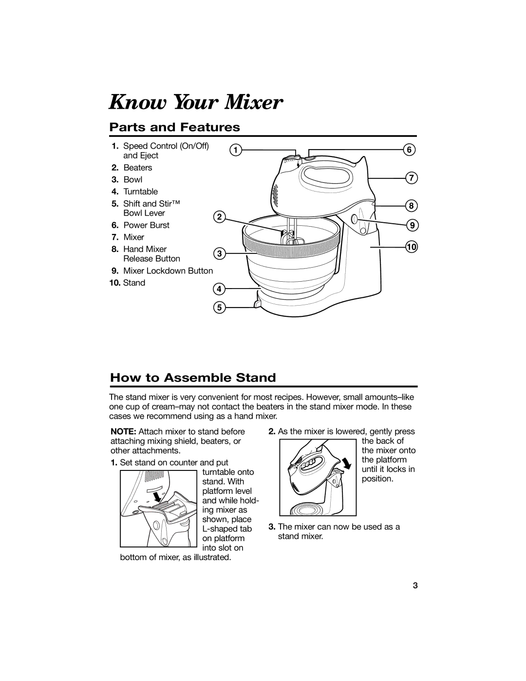 Hamilton Beach 840086200 manual Know Your Mixer, Parts and Features, How to Assemble Stand 