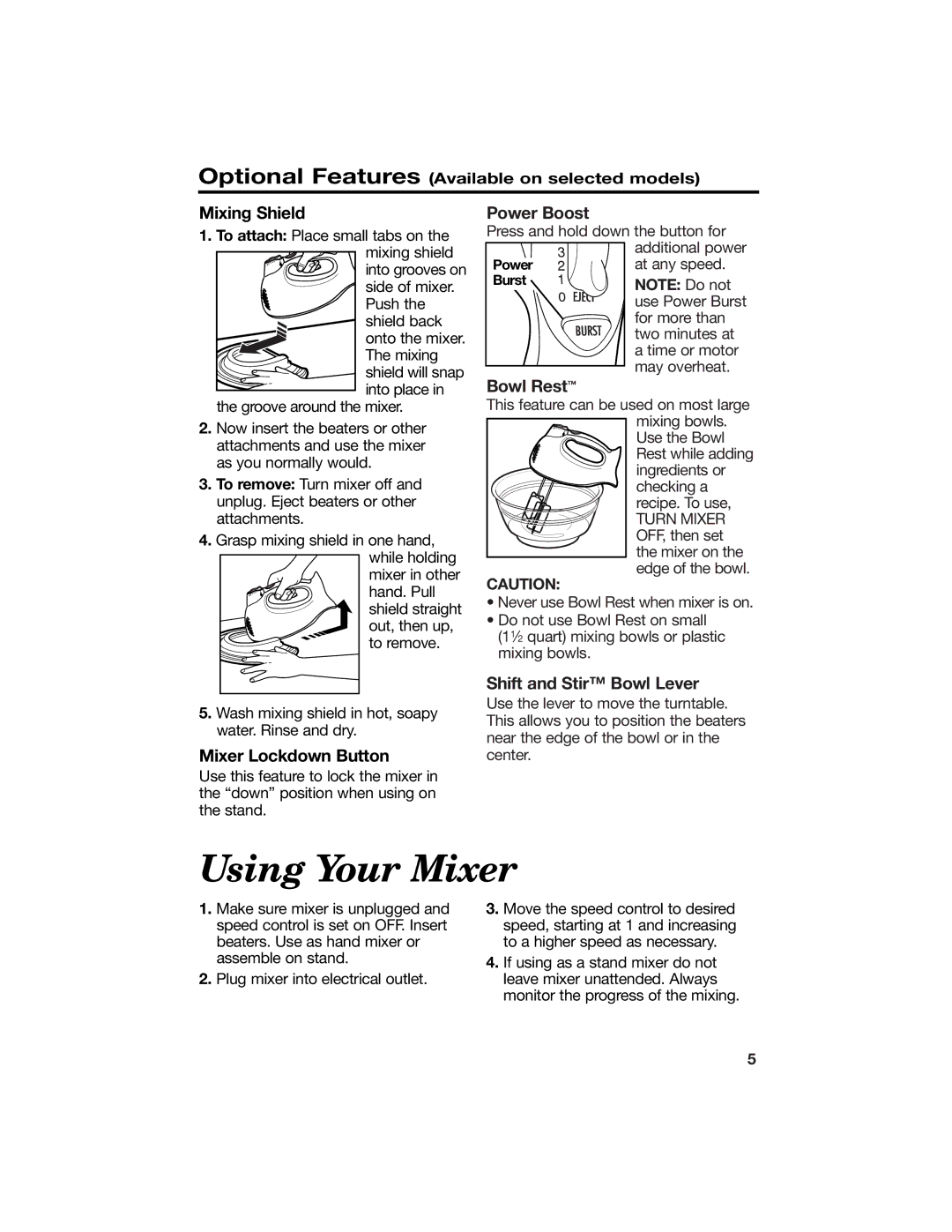 Hamilton Beach 840086200 manual Using Your Mixer, Optional Features, Mixing Shield, Bowl Rest, Mixer Lockdown Button 