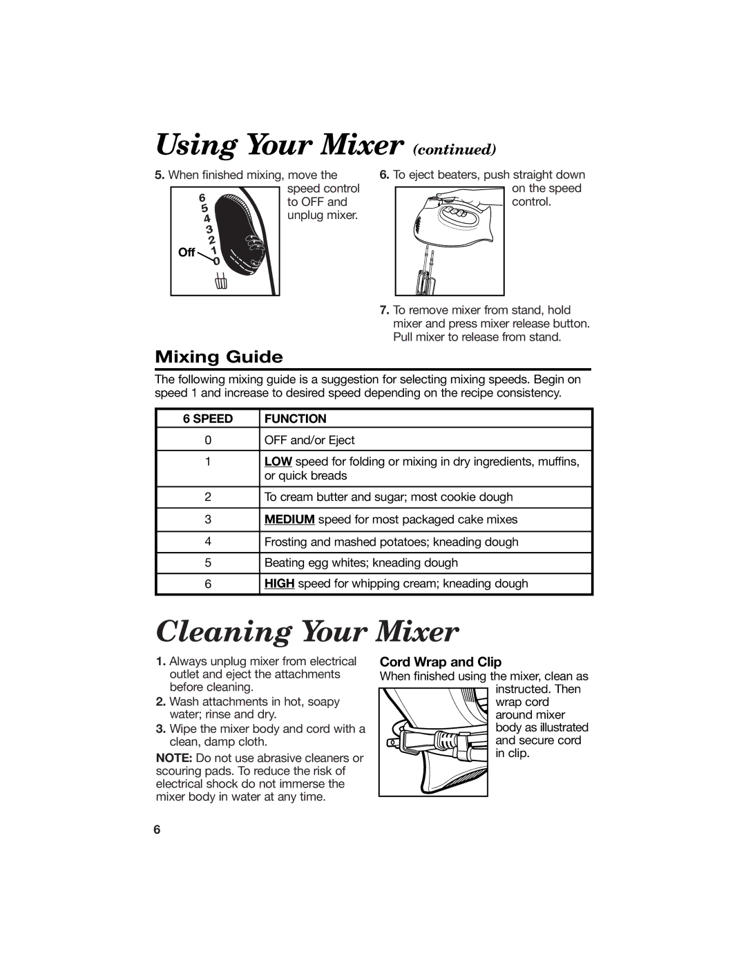 Hamilton Beach 840086200 manual Cleaning Your Mixer, Mixing Guide, Cord Wrap and Clip, Speed Function 