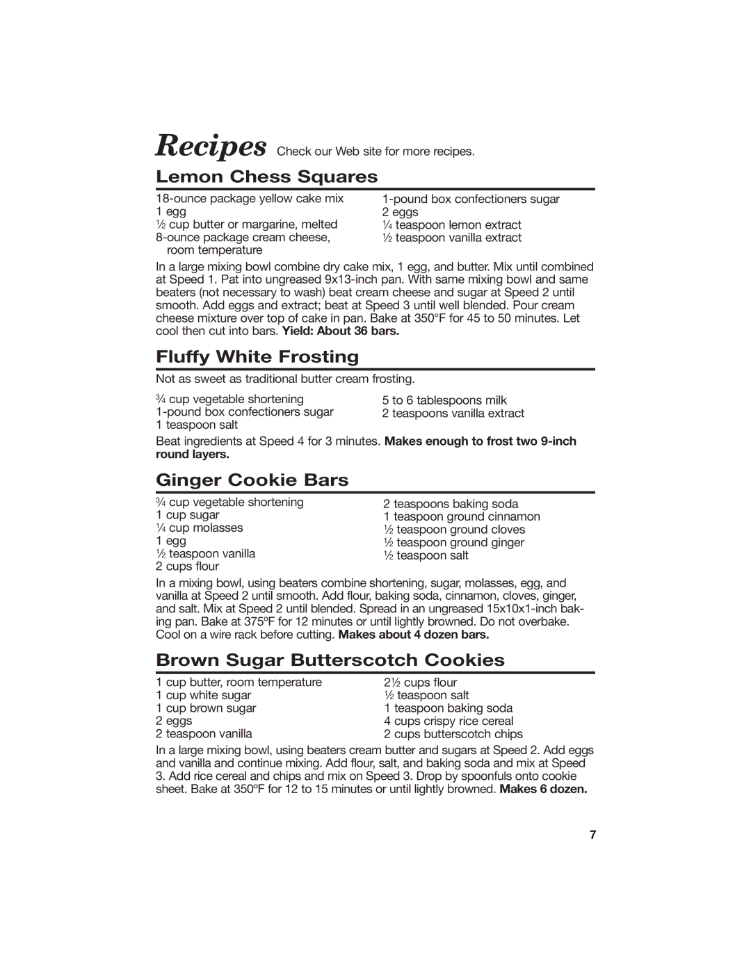 Hamilton Beach 840086200 Lemon Chess Squares, Fluffy White Frosting, Ginger Cookie Bars, Brown Sugar Butterscotch Cookies 