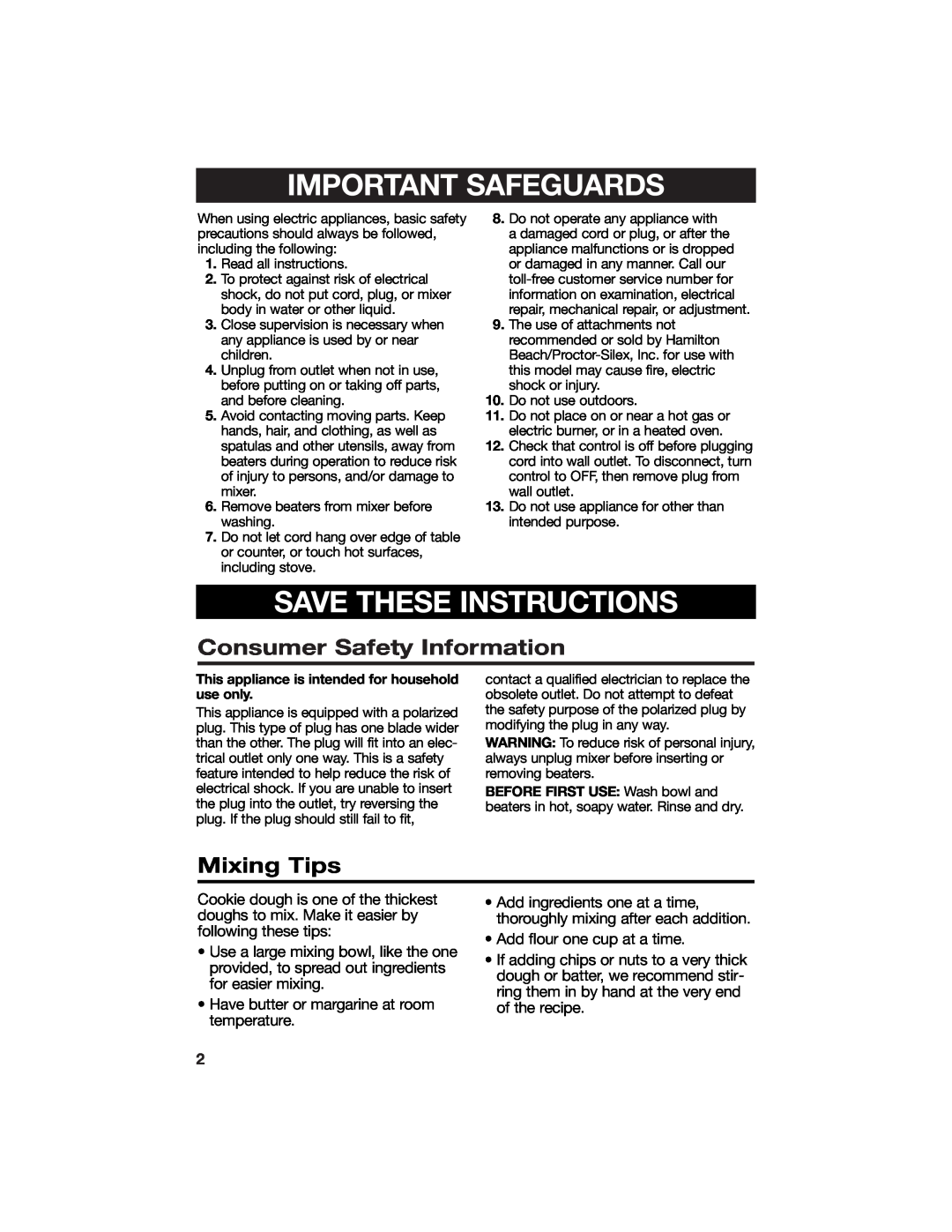 Hamilton Beach 840086200 manual Consumer Safety Information, Mixing Tips, Important Safeguards, Save These Instructions 