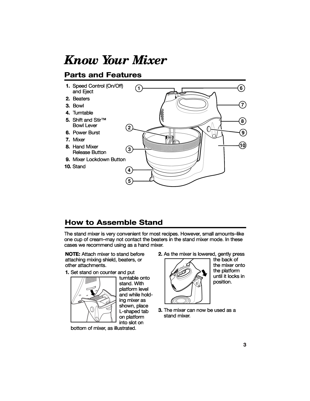 Hamilton Beach 840086200 manual Know Your Mixer, Parts and Features, How to Assemble Stand 