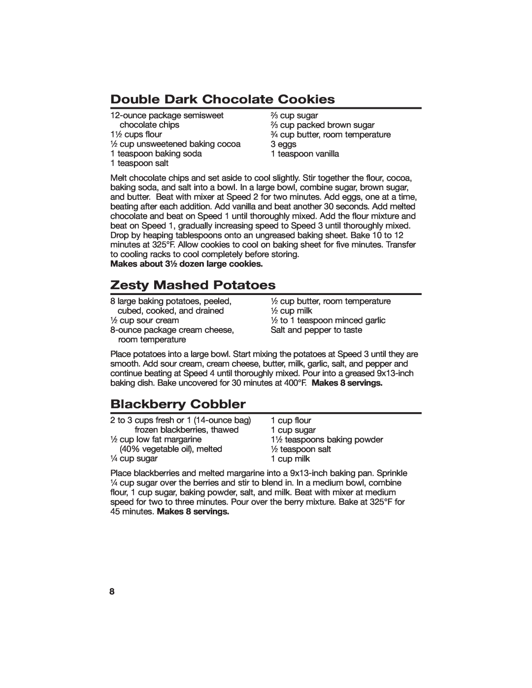 Hamilton Beach 840086200 manual Double Dark Chocolate Cookies, Zesty Mashed Potatoes, Blackberry Cobbler 