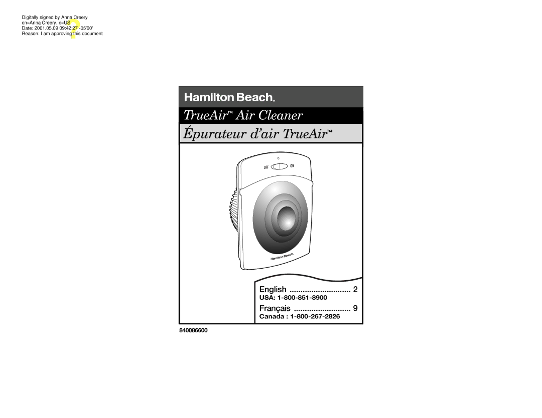 Hamilton Beach 840086600 manual Épurateur d’air TrueAir 