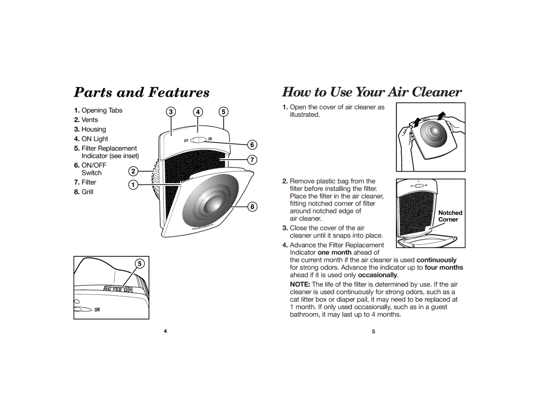 Hamilton Beach 840086600 manual Parts and Features, How to Use Your Air Cleaner 