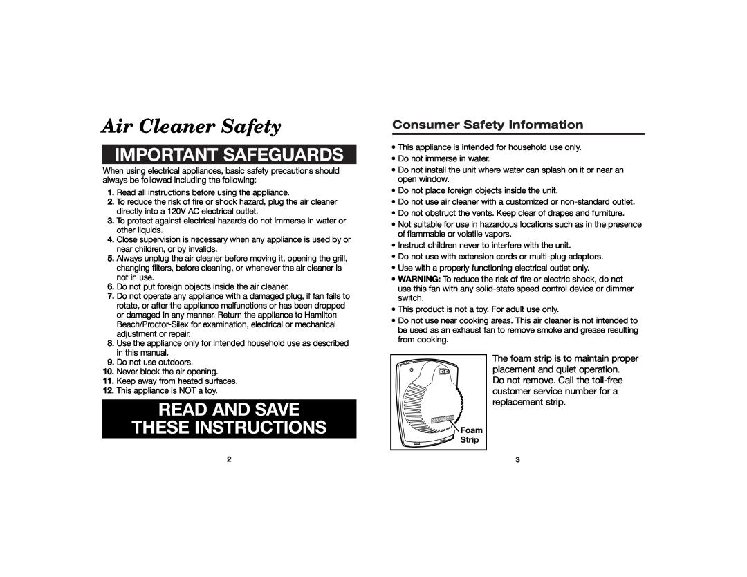 Hamilton Beach 840086600 manual Air Cleaner Safety, Consumer Safety Information, Important Safeguards 