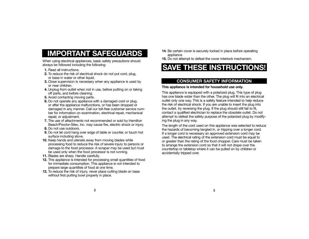 Hamilton Beach 840086800 manual Important Safeguards 