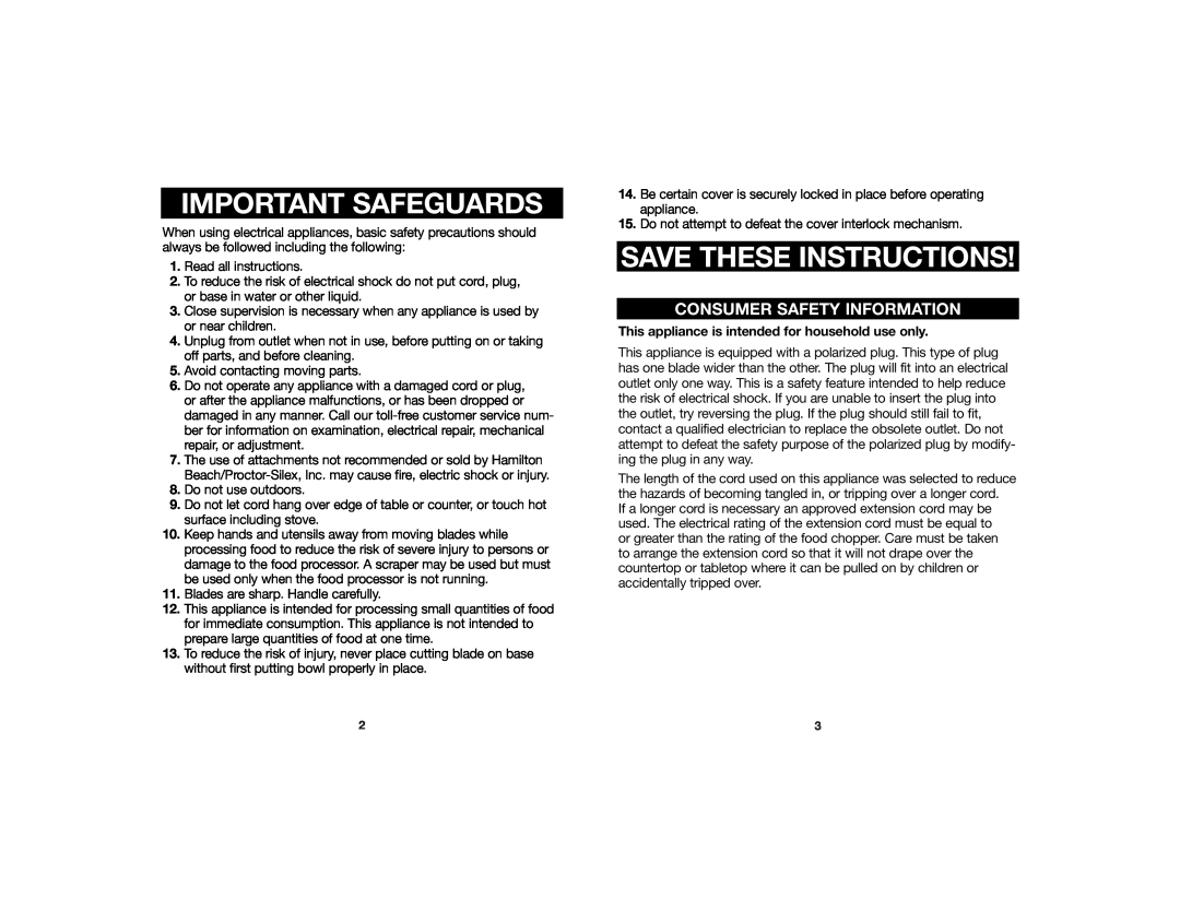 Hamilton Beach 840086800 manual Important Safeguards, Save These Instructions, Consumer Safety Information 