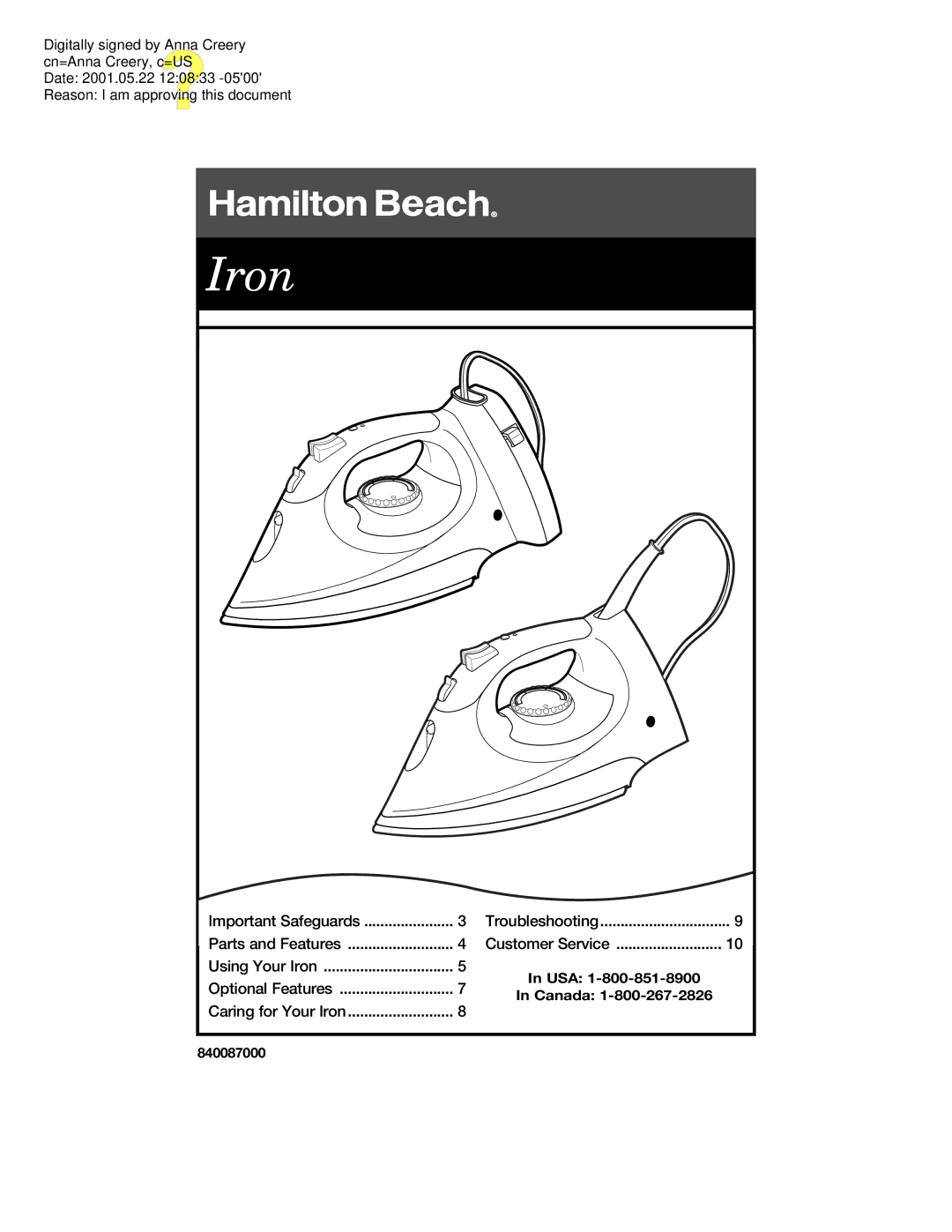 Hamilton Beach 840087000 manual Iron 