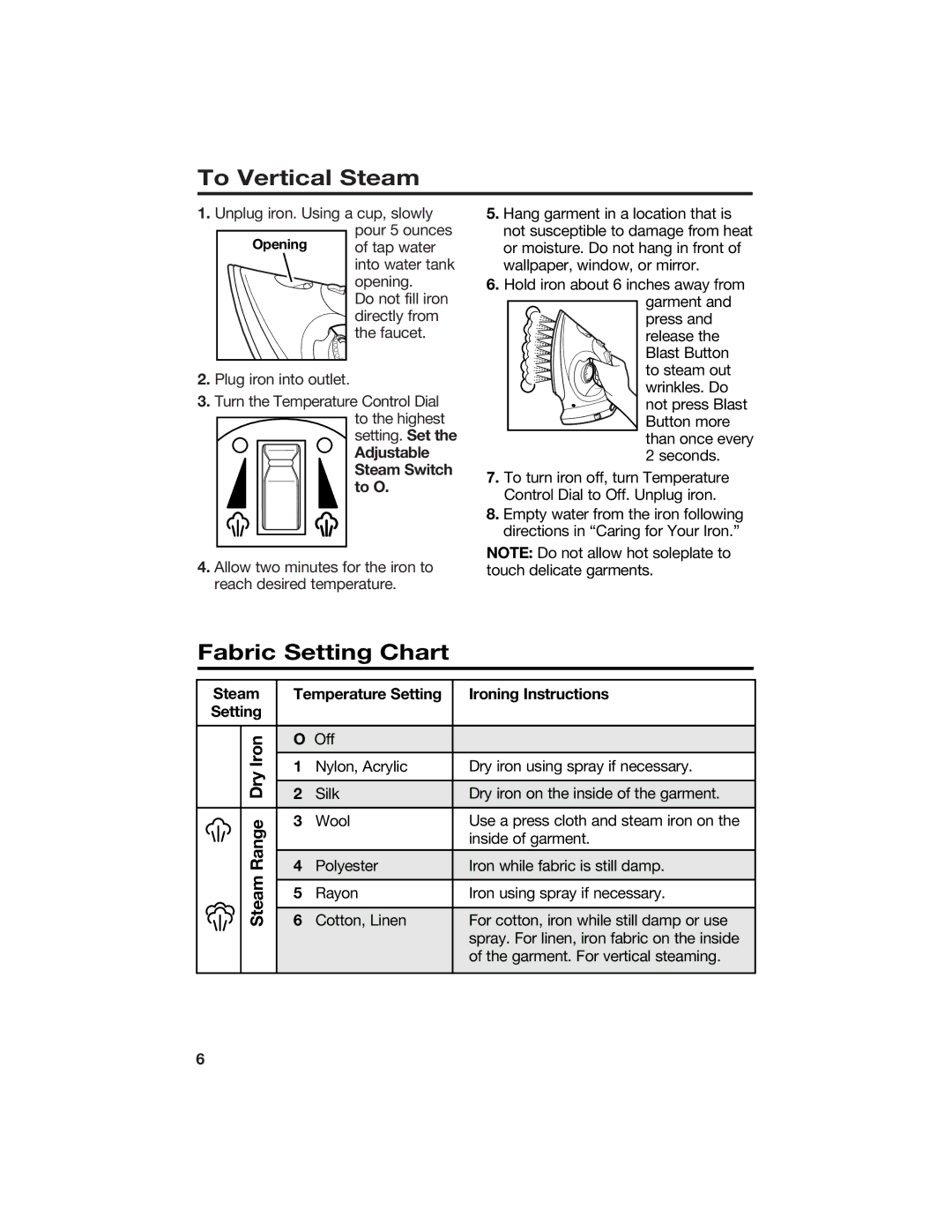 Hamilton Beach 840087000 manual To Vertical Steam, Fabric Setting Chart, Iron, Dry, Range 