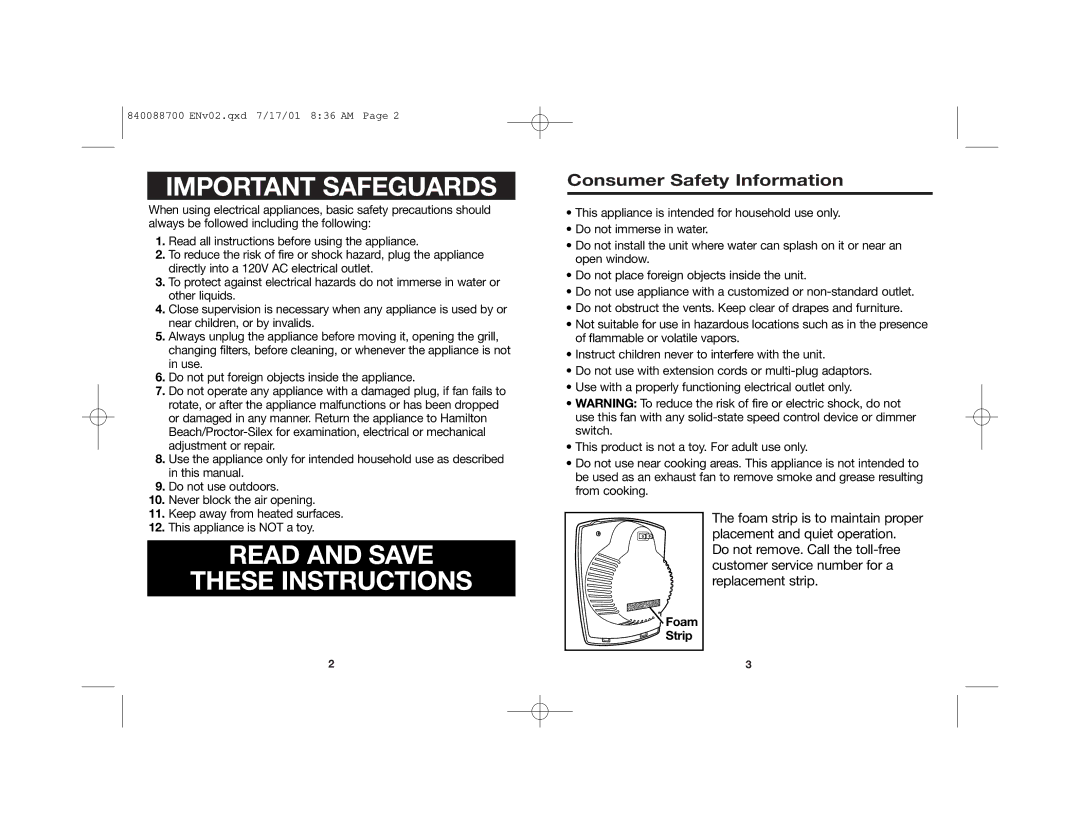 Hamilton Beach 840088700 manual Important Safeguards 