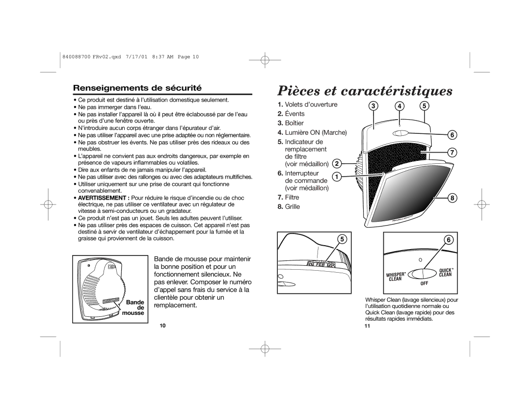 Hamilton Beach 840088700 manual Pièces et caractéristiques, Renseignements de sécurité 